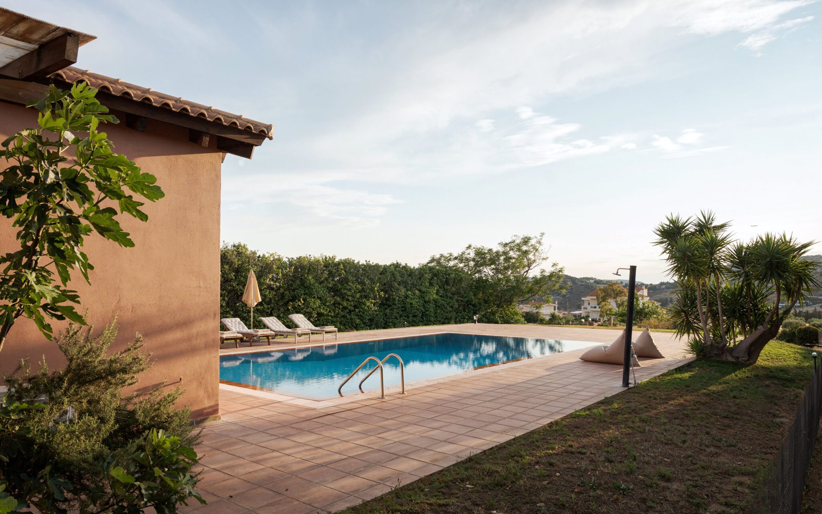 Saronida 4 Bedroom Villa - drone view of pool and sea